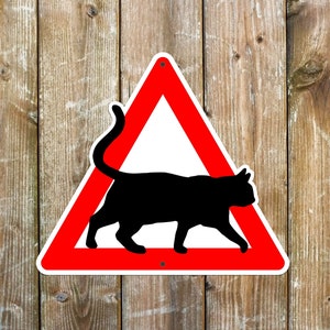 Placa de aviso para gatos: Design triangular Miki, alumínio resistente às intempéries, 20,5 x 18 cm