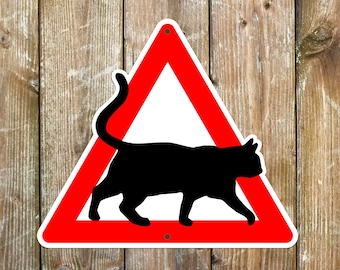 Cat Warning Sign: Triangle Miki Design, Weatherproof Aluminum, 20,5 x 18 cm