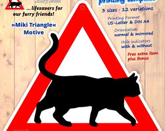 Cat Warning Sign: "Miki" Triangle DIY Printing Template (PDF Download, 12 Variations, Extras included)