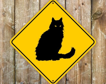 Cat Warning Sign: Outdoor Metal Decor, Black Cat Art, 27 x 27 cm