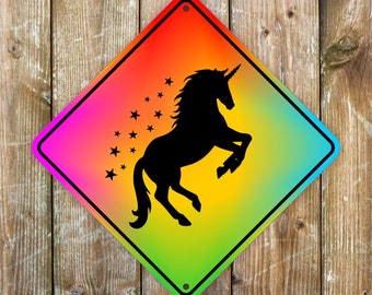 Rainbow MAGIC Unicorn Warning Sign, weatherproof Metal Art (27x27 cm, Aluminum Dibond)