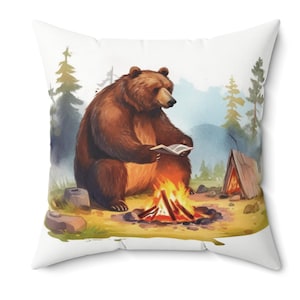 Grizzly Bear Pillow, Camping Vibes, Throw Pillow, Decorative Pillow, Accent Pillow, Decor, Living Room, For the Cabin, Gift for Bear Lovers