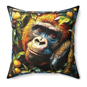 Happy Gorilla Pillow, Gorilla Decor, Smiling Ape, Throw Pillow, Decorative Pillow, Accent Pillow, Stainglass, Home Decor, Living Room,