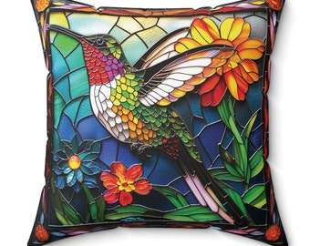 Hummingbird Pillow, Hummingbird Decor, Throw Pillow, Decorative Pillow, Accent Pillow, Stainglass, Home Decor, Living Room, Bedroom, Birds