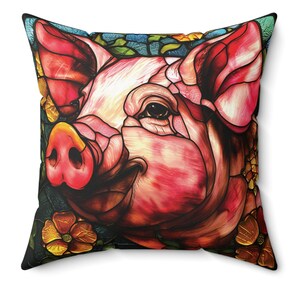 Happy Pig Pillow, Pig Decor, Farmhouse Decor, Throw Pillow, Decorative Pillow, Accent Pillow, Stainglass, Home Decor, Living Room, Bedroom,
