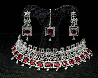 Majestic Ruby Red and Diamond-Like Chandelier Necklace, Earrings Set, and Head Ornament
