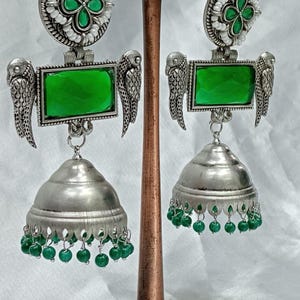 Antique Oxidized Silver Jhumka Earrings with Stone and Pearl Beads – Traditional Indian Dangle Earrings for Women