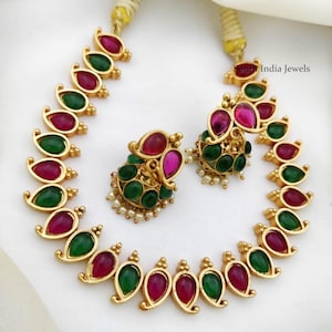 Gold Plated Temple Choker Necklace Jhumka Earrings | Ruby Emerald Bridal Jewelry