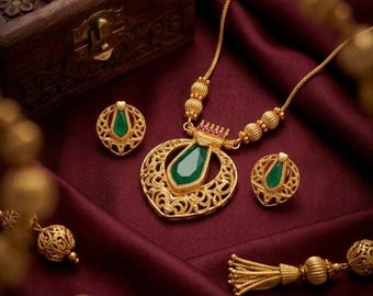 Conjunto de collar llamativo de filigrana de oro, joyería nupcial étnica vintage, pendientes de boda indios