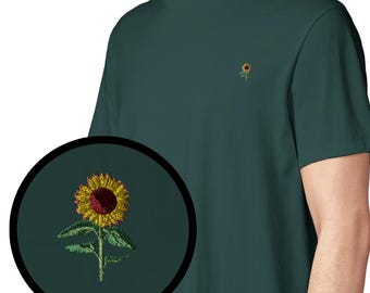 T-shirt unisexe brodé tournesol, motif floral minimaliste