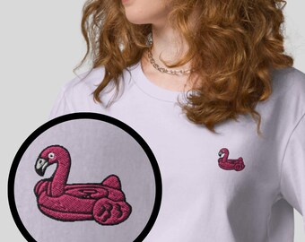 Flamingo Floatie Organic Embroidered Unisex T-Shirt Minimal Design