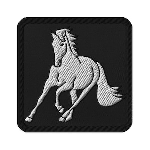 May include: A black embroidered patch featuring a white silhouette of a horse running to the right.