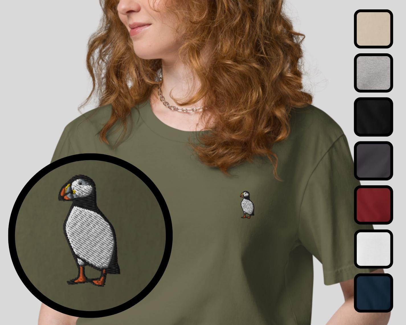 Puffin Organic Embroidered Unisex T-Shirt Minimal Design