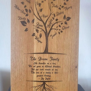 Könnte beinhalten: Eine Holzplakette mit einem lasergravierten Familienstammbaum. Der Baum hat Äste mit Namen wie Thomas, Amelia, Jake, Harry, Charlotte, Sig, Helen-Rose, Kirsty, Nigel, Daisy, Janet, Oliver, Ryan, Wayne und Hayley. Der Text unter dem Baum lautet "The Broom Family" und enthält ein Zitat über die Familie.