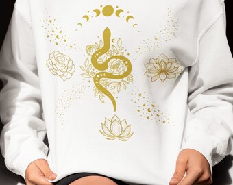 Sweat-shirt Rêves de serpent mystiques, Transformation spirituelle, Motif serpent, Motif phases de lune, Sweat fleurs, Sweat lotus, Paillettes