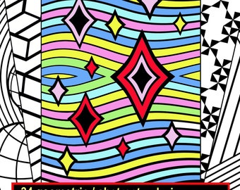 Op de afbeelding: Een zwart-witte kleurplaat met een geometrisch patroon van kleurrijke ruiten en strepen. De tekst "34 geometrische / abstracte kleurplaten" en "Print om te kleuren op papier of gebruik digitaal op een tablet" staat onderaan de pagina.