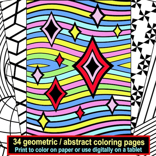 Relaxing geometric coloring pages digital and printable mindfulness coloring destressing activity for adults (34 pages)