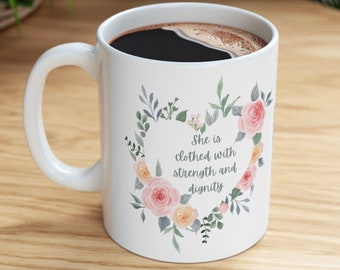 Christian Coffee Mug with Bible Verse Proverbs 31 Ceramic Mug Christian Gift for Her Custom Mug with Heart Coffee Cup Gift for Mom