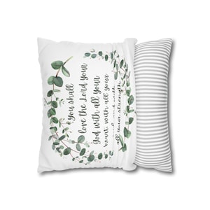 Throw Pillow Cover with Bible Verse You shall love the Lord your God with all your heart, with all your soul, and with all your strength. Christian home decor pillow case features leaves and scripture design on both sides.