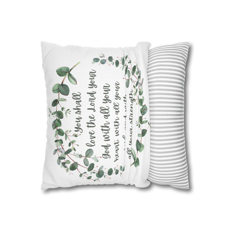 Throw Pillow Cover with Bible Verse You shall love the Lord your God with all your heart, with all your soul, and with all your strength. Christian home decor pillow case features leaves and scripture design on both sides.