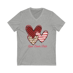 Christian Tshirt with Bible Verse, Love Never Fails V-neck Shirt for Her