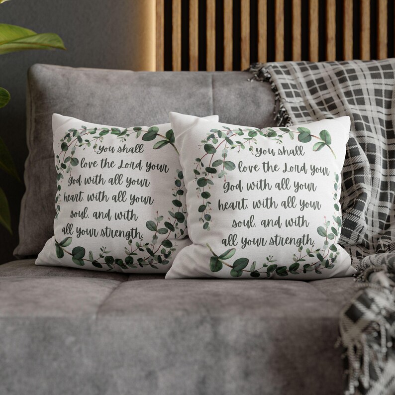 Throw Pillow Cover with Bible Verse You shall love the Lord your God with all your heart, with all your soul, and with all your strength. Christian home decor pillow case features leaves and scripture design on both sides.