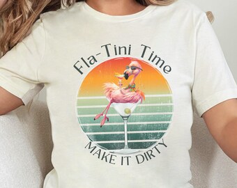 Fla-Tini Time Retro Martini T-Shirt | Funny Flamingo Cocktail Tee | Vintage Summer Party Shirt | Trendy Happy Hour Drinking Gift | Dirty 30