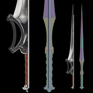 Peut inclure: Plusieurs &eacute;p&eacute;es fantastiques de diff&eacute;rents mod&egrave;les. L'une pr&eacute;sente une lame et une garde argent&eacute;es avec un manche en cuir marron. Une autre a un design color&eacute; avec des &eacute;l&eacute;ments violets, verts et bleus. Les lames varient en forme et en taille.