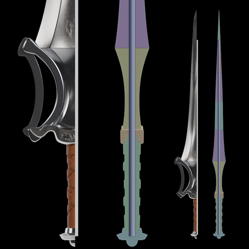 Peut inclure: Plusieurs &eacute;p&eacute;es fantastiques de diff&eacute;rents mod&egrave;les. L'une pr&eacute;sente une lame et une garde argent&eacute;es avec un manche en cuir marron. Une autre a un design color&eacute; avec des &eacute;l&eacute;ments violets, verts et bleus. Les lames varient en forme et en taille.