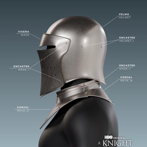 May include: A side view of a silver helmet and neck armor, likely for a knight. The helmet has a visor and is labeled with text. The image includes the text "HBO Original A Knight of the Seven Kingdoms".
