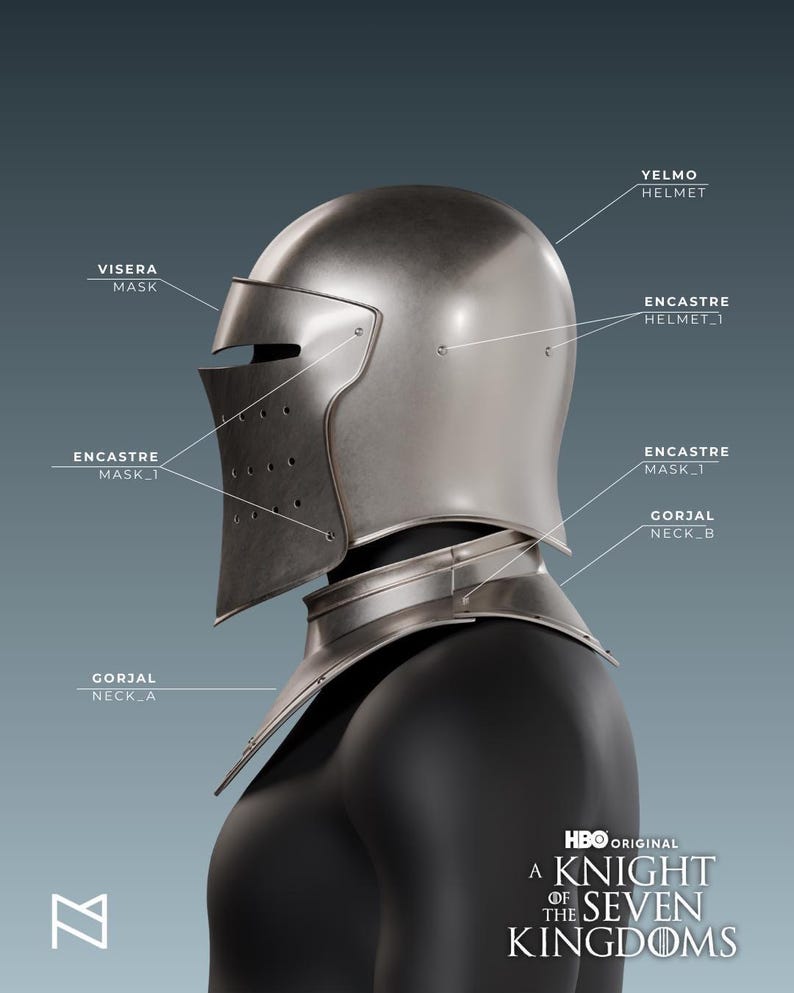 May include: A side view of a silver helmet and neck armor, likely for a knight. The helmet has a visor and is labeled with text. The image includes the text "HBO Original A Knight of the Seven Kingdoms".