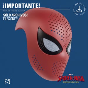 Op de afbeelding: Een rood digitaal 3D-model van een Spider-Man-masker met zwart omrande witte ogen, geperforeerde ventilatiegaten op het voorhoofd en de kin, en de tekst "¡IMPORTANTE! SÓLO ARCHIVOS! FILES ONLY!" en "SPIDER-MAN BRAND NEW DAY".