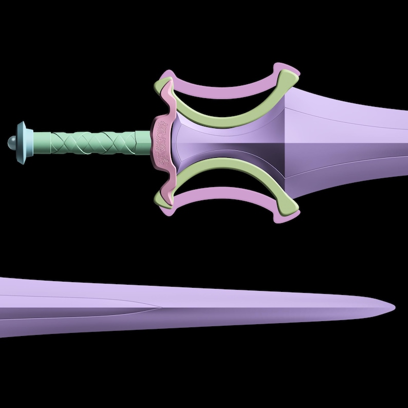 Peut inclure: &Eacute;p&eacute;e stylis&eacute;e avec une lame violet clair et une poign&eacute;e verte et bleue claire. La garde pr&eacute;sente un design d&eacute;coratif avec des accents roses et verts. L'&eacute;p&eacute;e est pos&eacute;e sur un fond noir.