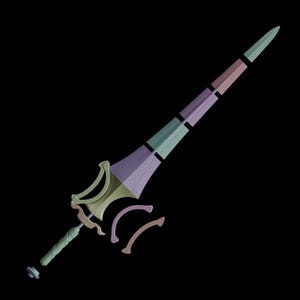 Peut inclure: Une &eacute;p&eacute;e stylis&eacute;e avec un design multicolore. La lame passe du vert au violet et au rose, avec une poign&eacute;e verte et un pommeau argent&eacute;. Deux pi&egrave;ces courbes marron sont pr&egrave;s de la garde.