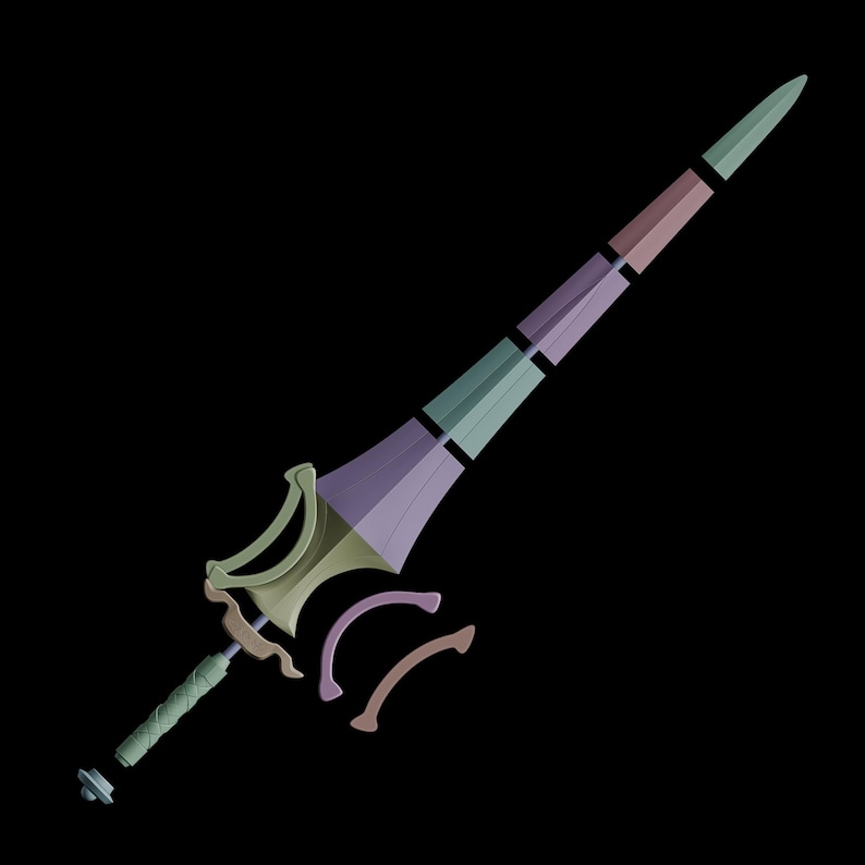 Peut inclure: Une &eacute;p&eacute;e stylis&eacute;e avec un design multicolore. La lame passe du vert au violet et au rose, avec une poign&eacute;e verte et un pommeau argent&eacute;. Deux pi&egrave;ces courbes marron sont pr&egrave;s de la garde.