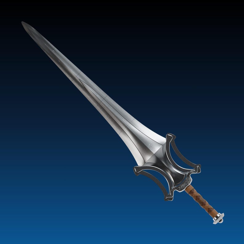 Peut inclure: Une &eacute;p&eacute;e argent&eacute;e avec une longue lame pointue. La garde est d'une couleur m&eacute;tallique plus fonc&eacute;e avec une poign&eacute;e envelopp&eacute;e de cuir marron. L'&eacute;p&eacute;e a un design d&eacute;coratif et est pos&eacute;e sur un fond bleu.