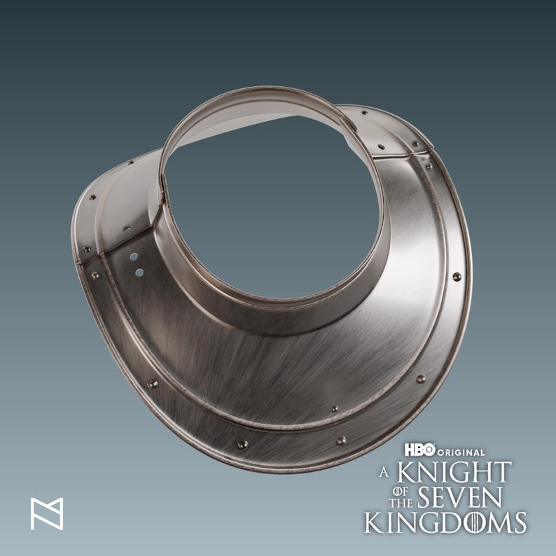 May include: A silver-colored gorget, a piece of medieval armor, with a circular neck opening and a flared lower edge. The armor is riveted and has a brushed metal texture. The HBO Original logo and "A Knight of the Seven Kingdoms" text are visible.