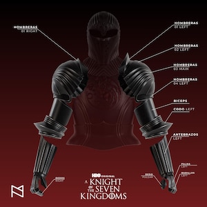 Puede incluir: Ilustración detallada de una armadura de caballero negra, que incluye un casco, protectores de hombros y piezas de brazo. La armadura está sobre un fondo rojo oscuro. Las etiquetas de texto identifican cada parte de la armadura, con el logotipo de HBO Original "A Knight of the Seven Kingdoms".