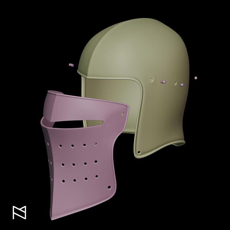 May include: A digitally rendered image of a medieval helmet, featuring a separate face guard. The helmet is a muted olive green, while the face guard is a dusty rose color. The face guard has multiple small circular holes.