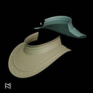 May include: Two visors, one in a muted green and the other in a tan color, are displayed against a black background. The visors have a curved design with a brim and a band for the head. Each visor has small, round rivets.