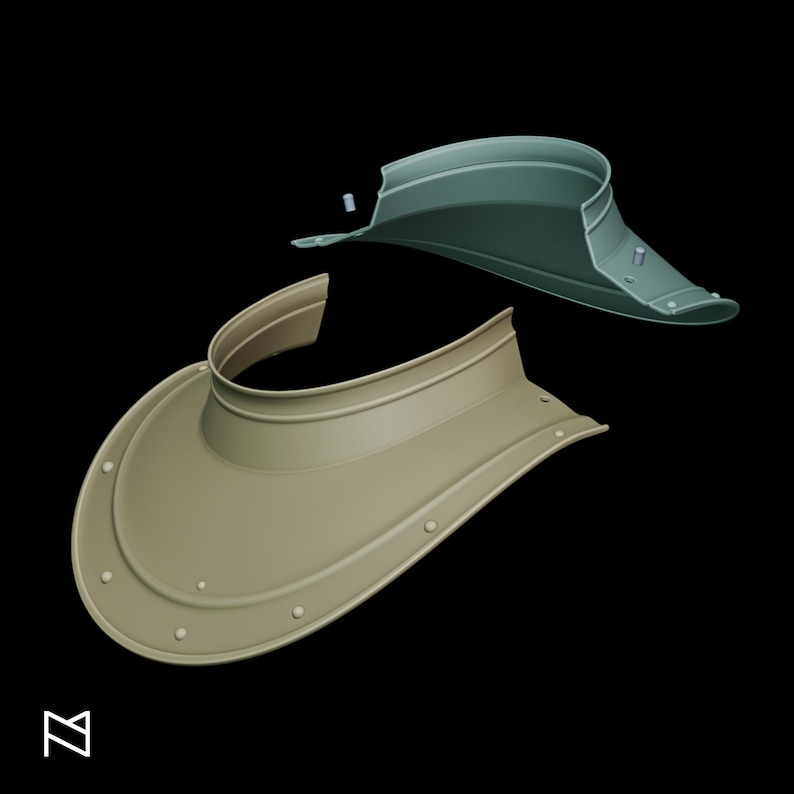 May include: Two visors, one in a muted green and the other in a tan color, are displayed against a black background. The visors have a curved design with a brim and a band for the head. Each visor has small, round rivets.