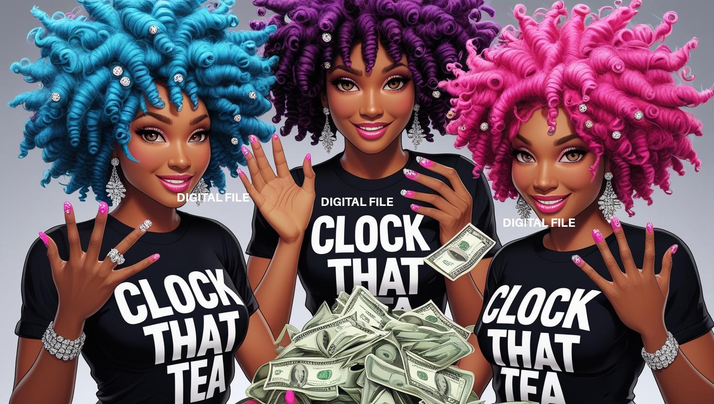 Mujer negra con afro vistiendo Clock That Tea 2 archivos PNG, descarga digital instantánea para hacer arte, manualidades, vasos y camisetas.