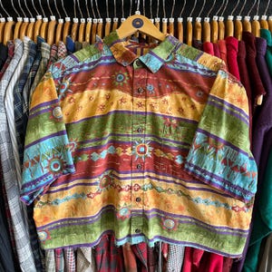 Vintage 90’s Funky Patterned Cropped Short Sleeve Button Up Collared Shirt- Sz XL