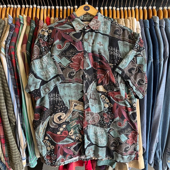 Vintage 90’s Funky Patterned Rayon Collared Butto… - image 1