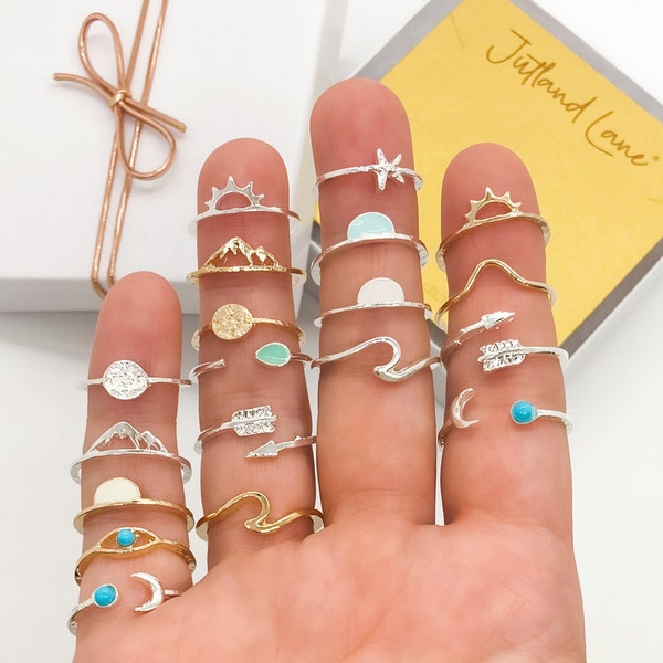 Beachy Rings, Affordable Artsy Rings, Different Alloy Beach Rings, Funky Boho Adjustable Ring Set of 19 Epic Assorted Rings