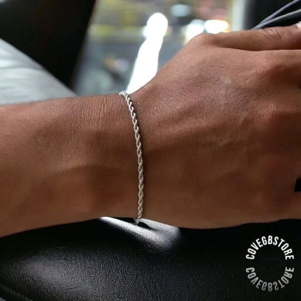 Bracelet chaîne en corde pour homme en argent, bracelet en argent haut de gamme, bracelet en corde minimaliste, beau bracelet en argent de luxe pour lui.