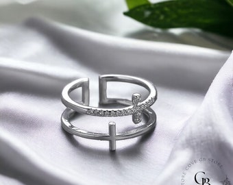 Womens Elegant Zircon Adjustable Ring, Simplistic Cross Ring, High End Silver Cross Statment Ring, Perfect Gift For Her.