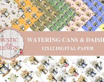 Watering Cans and Daisies Digital Paper Pack 12x12 Bundle