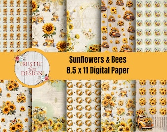 Sunflowers & Bees Digital Paper Bundle, Printable Paper, Digital Download
