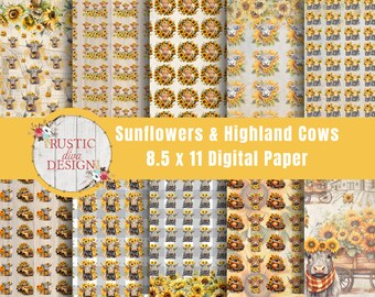 Sunflowers & Highland Cows Digital Paper Bundle, Digital Download, Printable Paper